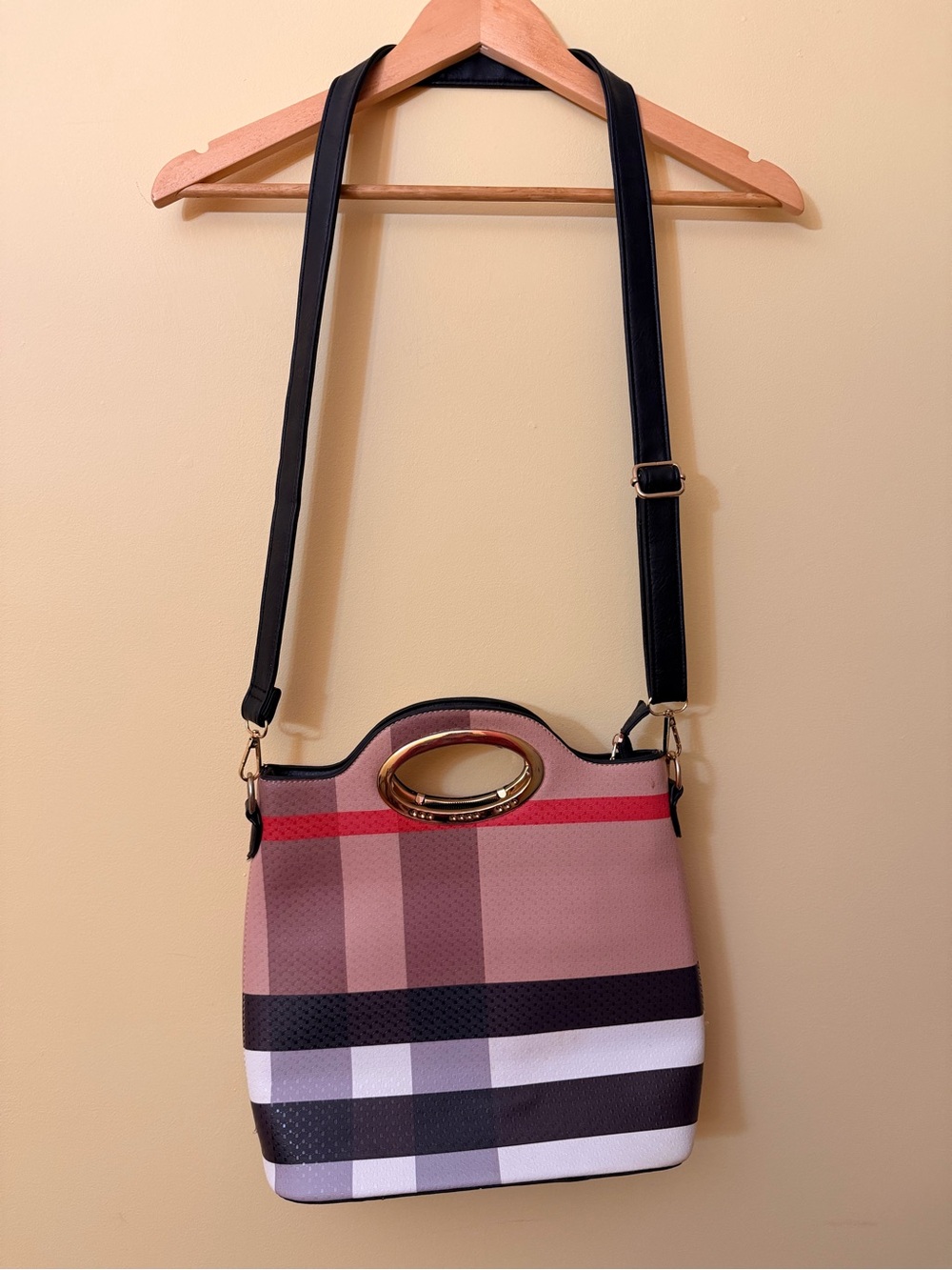 Plaid Crossbody Handbag Rose Gold Oval Handles Adjustable Strap